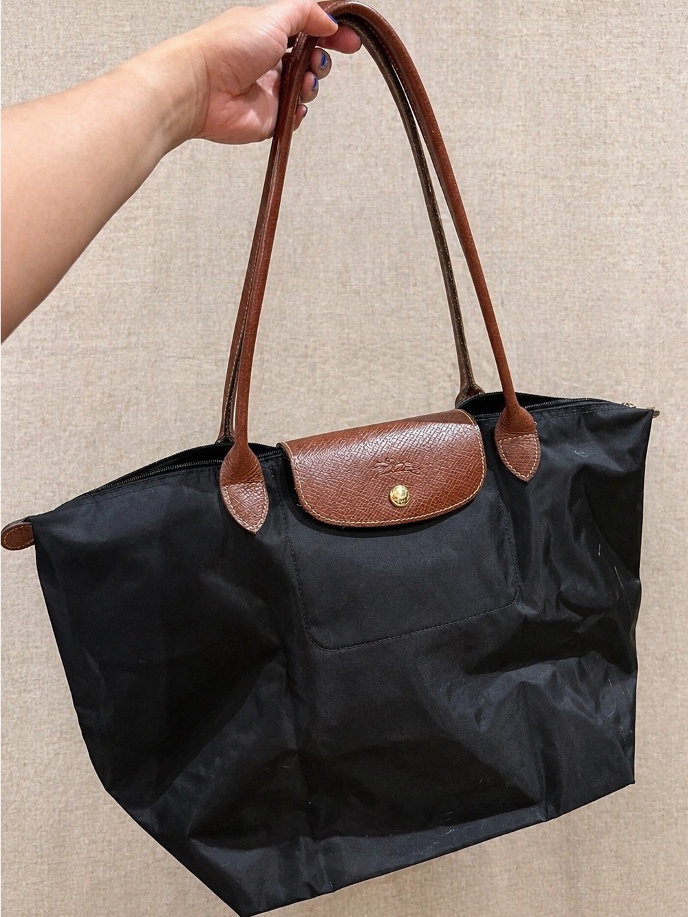 Longchamp Le Pliage Black Nylon Tote with Brown Leather Trim and Handles